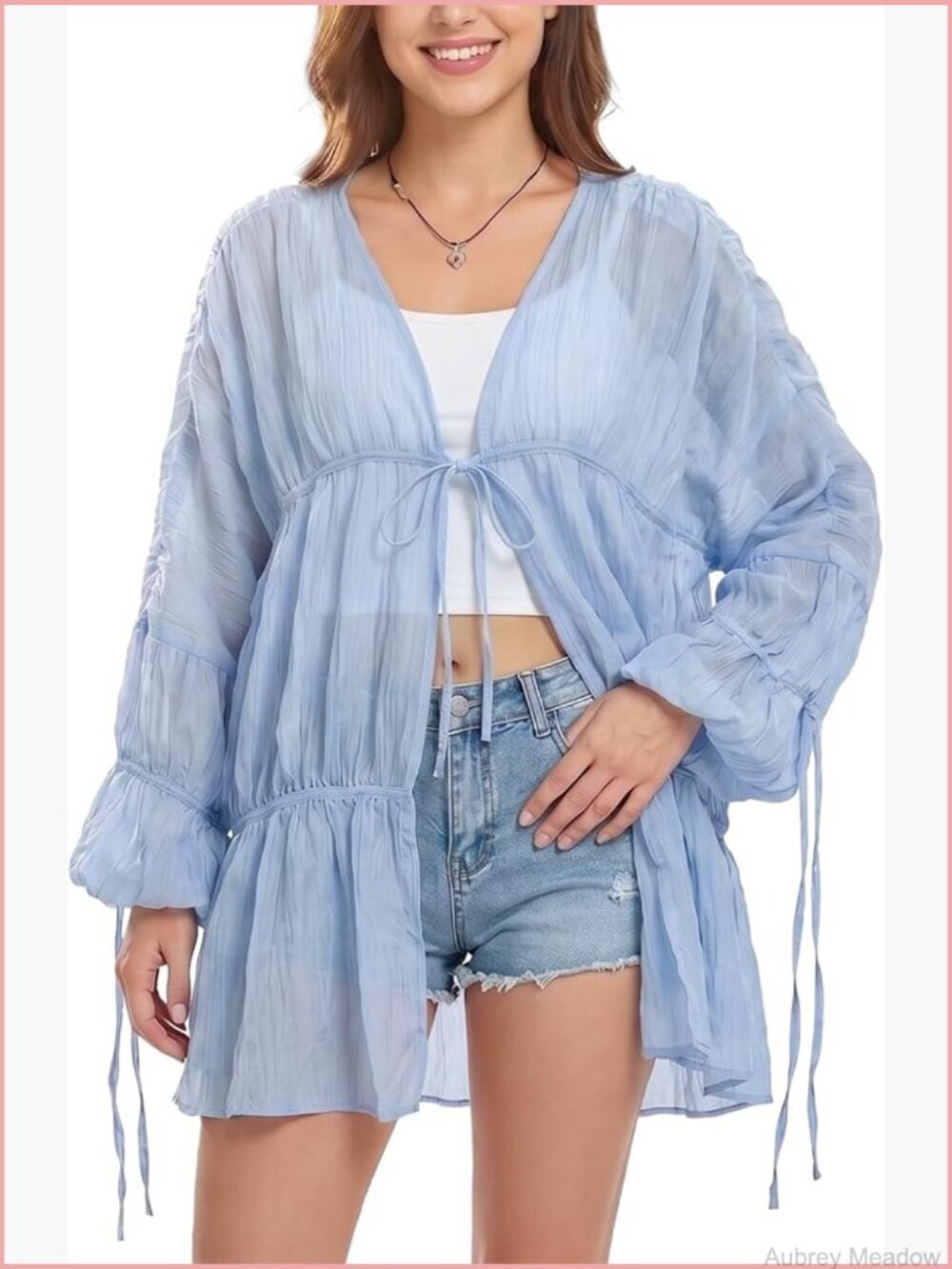 Flowy Ruched Bell Sleeve Swimsuit Coverup Long Chiffon Front Tie Cardigan